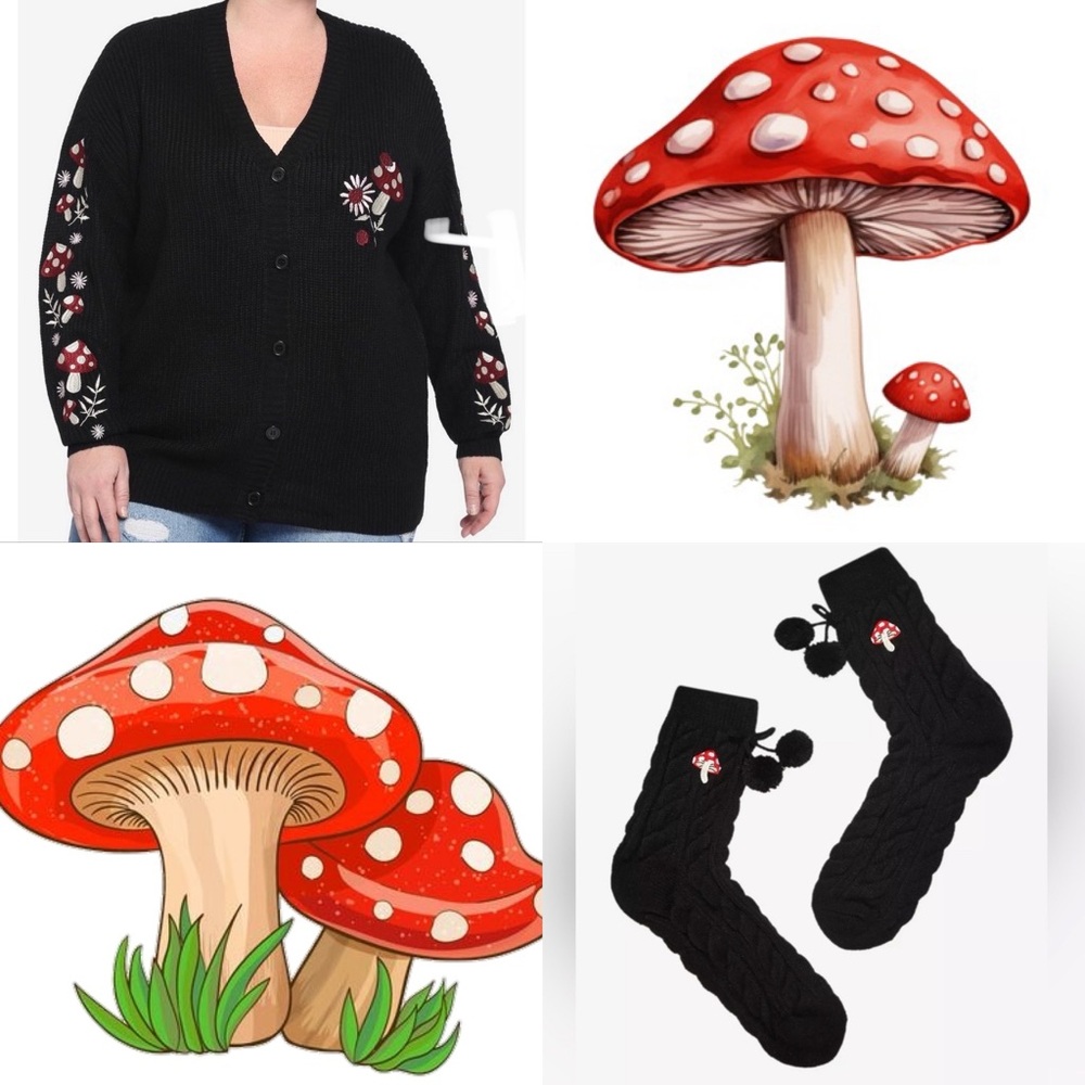 Hot Topic mushroom cardigan and NWT socks